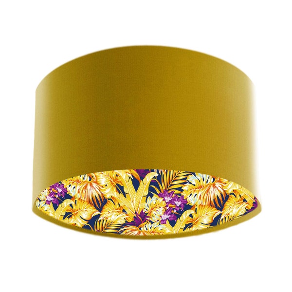 Mustard Yellow Velvet Lamp Shade, Tropical Purple Yellow Lining, Handmade in the UK, Lampshades For Floor Lamps, Table Lamps, Light Shades