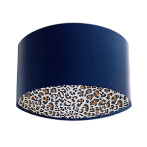 Leopard Lampshade in Navy Blue Velvet, Patterned Velvet Light Shade with Animal Print Inside
