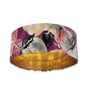 Extra Large Velvet Lampshade in Mulberry Purple Abstract Watercolour and Mirror Gold Lining, Lamp Shade Ceiling UK