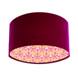 Pink Ikat Lined Lampshade in Red Claret Velvet, Red Abstract Lampshade