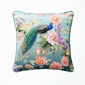 Teal Blue Peacock Paradise Velvet Cushion with Piping
