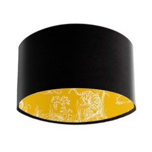 Black Velvet Lampshade With Mustard Yellow Chinoiserie Lining, Chinoiserie Lampshade Handmade in the UK by AdoroDecorDotCom (Adoro Décor)