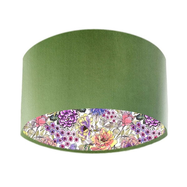 Summer Wildflowers Light Shade in Olive Green Velvet, Colourful Lampshade, for Ceiling Pendant, for Table Lamp, for Floor Lamps