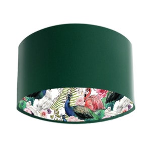 Flamingo and Peacock Feathers Lampshade in Bottle Green Velvet