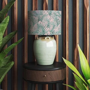 Palms Delight Lampshade with Mirror Silver Lining, Pink Drum Lamp Shade
