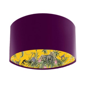 Mulberry Purple Velvet Lampshade with Mustard Yellow Tropical Lining, Quirky Lamp Shade, Monkey Lamp Shade with Lemur Island Lining