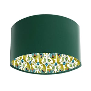 Bottle Green Velvet Lampshade with Green Ikat Fabric Lining, Fabric Ikat Lampshades