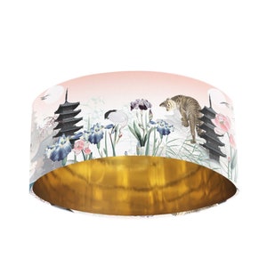 Japanese Velvet Large Lampshade with Temple Sunset, Tigers, Birds, Flowers  and Mirror Gold Lining, Lampshade Ceiling, Lampshade Floor Lamps