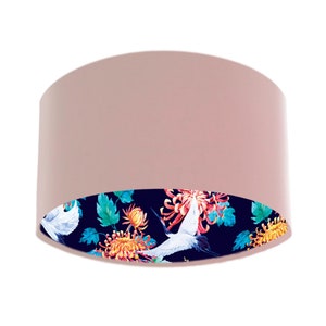 Crane Lampshade in Baby Pink Velvet, Velvet Lamp Shade with Patterned Lining, Pink and Blue Lamp Shade