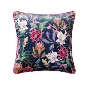 Luxury Blossoms Velvet Cushion in Navy Blue with Hot Pink Piping