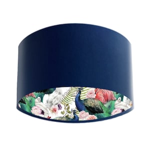 Navy Blue Velvet Lampshade with Peacocks and Flamingo Feathers Lining, Peacock Lampshade