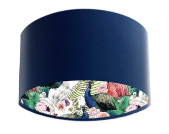 Navy Blue Velvet Lampshade with Peacocks and Flamingo Feathers Lining, Peacock Lampshade