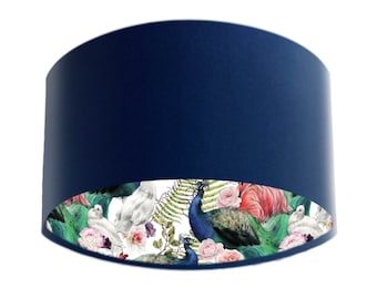 Navy Blue Velvet Lampshade with Peacocks and Flamingo Feathers Lining, Peacock Lampshade