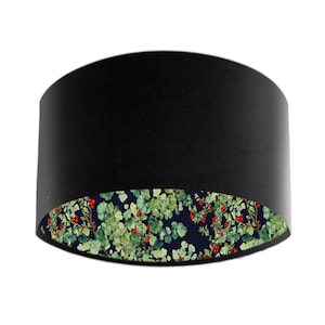 Black Velvet Drum Lampshade with Red Berries Fabric Lining