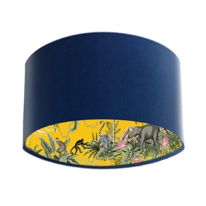 Blue Tropical Velvet Drum Lampshade with Mustard Yellow Lemur Jungle Fabric Lining