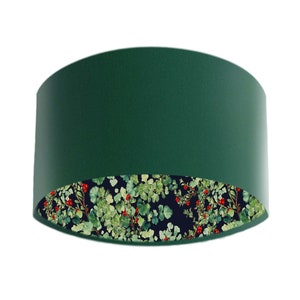 Green Velvet Drum Lampshade with Red Berries Fabric Lining