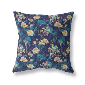 Navy Blue and Gold Floral Cushion with Cream Beige back, Floral Sofa Cushion