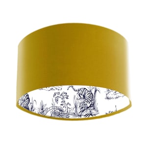 Yellow Lampshade in Mustard Velvet and Blue Chinoiserie Lining, Drum Lamp Shade