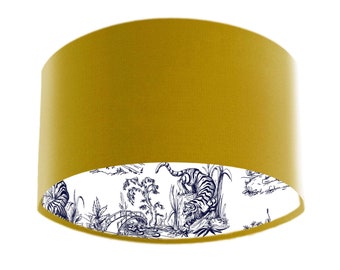 Yellow Lampshade in Mustard Velvet and Blue Chinoiserie Lining, Drum Lamp Shade