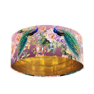 Peacock Paradise Extra Large Velvet Lampshade in Pink with Mirror Gold Lining, Peacock Lampshade