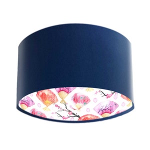 Navy Blue Velvet Lampshade with Japanese Oriental Fan Fabric Lining