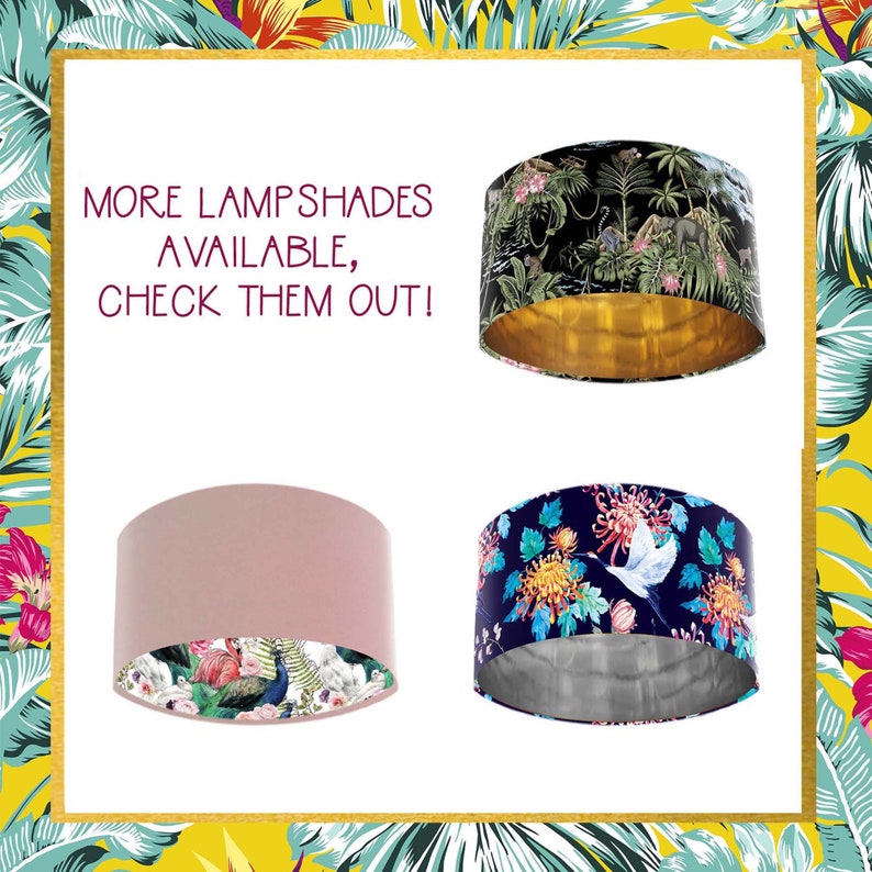 May include: Four lampshades are shown, each with a unique design. One is black with a jungle scene and a gold interior. Another is pink with a floral interior. The third is navy blue with a floral and bird design. The fourth lampshade has a jungle scene.