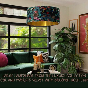 Teal Blue Tropical Velvet Lampshade with Tiger, Parrots, Flowers and Brushed Gold Lining