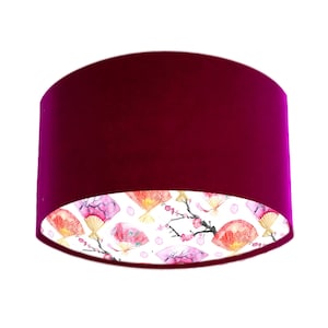 Red Claret Velvet Lampshade with Japanese Oriental Fan Fabric Lining