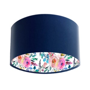 Navy Lampshade with pink flowers lining, Floral Lamp Shade in Navy Blue Velvet, Drum Lampshade