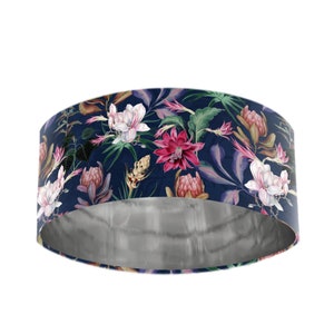 Luxury Blossoms Velvet Lampshade in Navy Blue and Silver Lining, Blue Lamp Shade, AdoroDecorDotCom