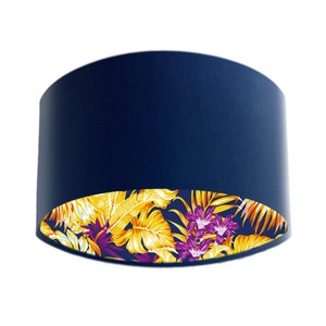 Blue Lampshade in Navy Blue Velvet & Purple Tropical Lining, Drum Lampshade