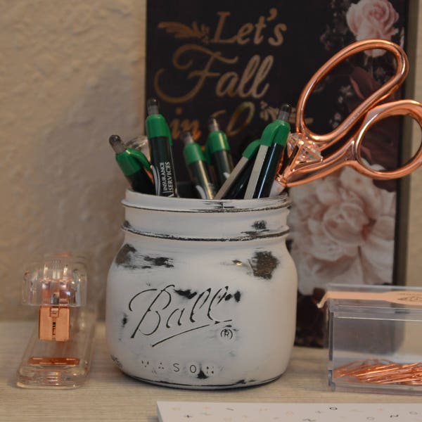 White and Gray Distressed Mason Jar- Office Decor, Desk Accessories, Mason Jar Decor