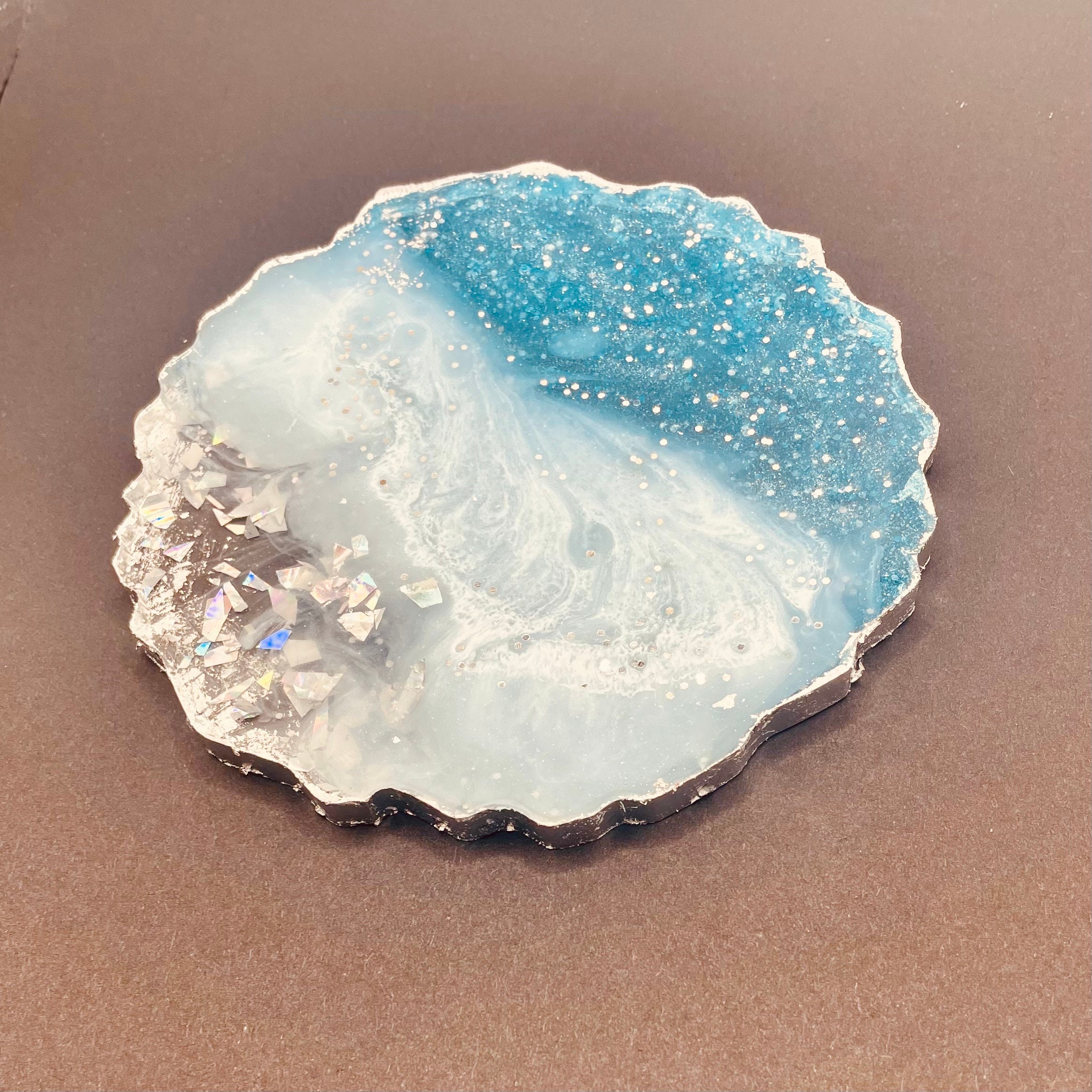 Blue to White Ombré Effect, Handmade Round Resin Coaster-with Silver ...