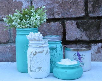 Mason Jar Bathroom Set - Farmhouse Bathroom Decor - Mason Jar Decor - Rustic Bathroom - White Bathroom Set - Mason Jar Decor Bathroom