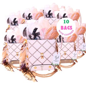 10 Mini Favor Bags with 8 Goodies | Personalized Bachelorette Party Gifts, Bridal Shower Favors, Wedding Goodie Bags with Monogram