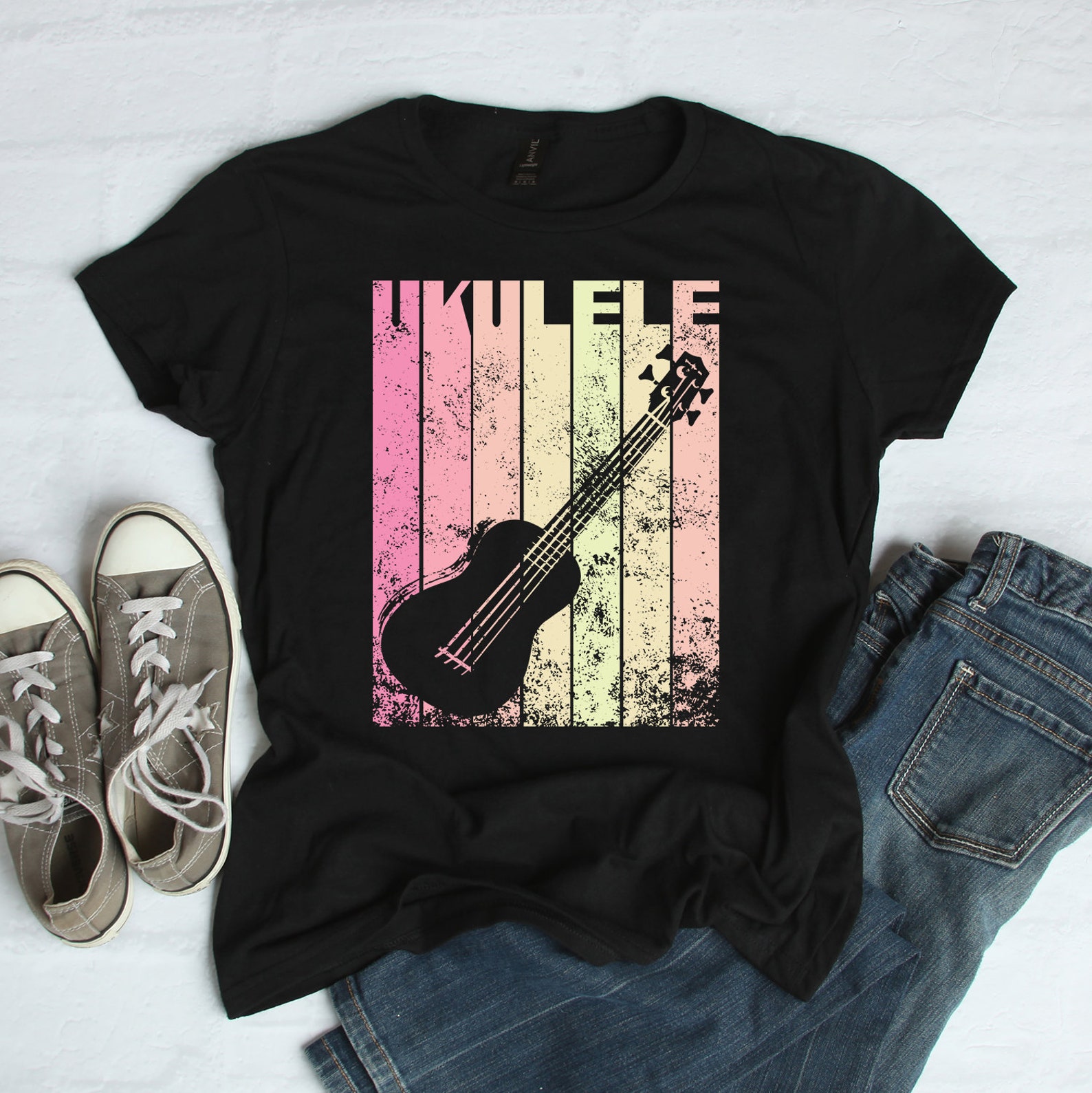 Ukulele Women's Short Sleeve Tshirt Distressed Striped Etsy