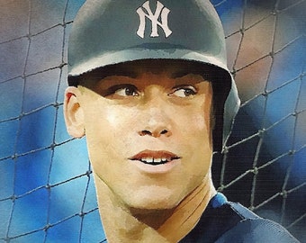 May include: Portrait of a baseball player wearing a navy blue helmet with the New York Yankees logo. The player is wearing a navy blue jersey. The background is a blue and white gradient with a baseball net.
