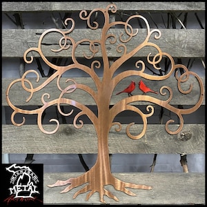 Curly Tree Of Life With Cardinals Metal Wall Art Copper Bronze With Red Cardinals