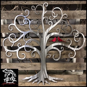 Curly Tree Of Life With Cardinals Metal Wall Art
