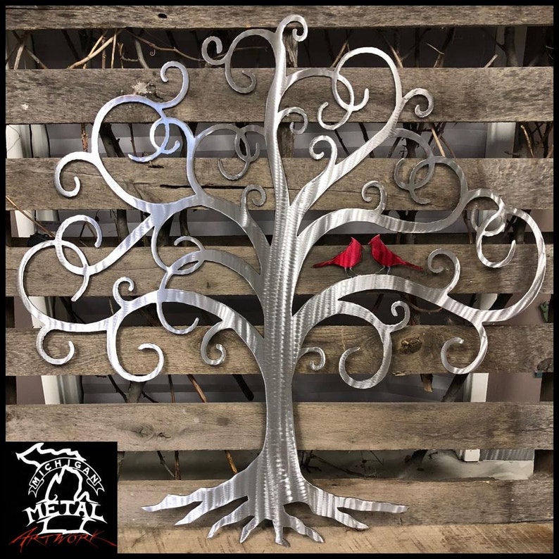 Curly Tree Of Life With Cardinals Metal Wall Art Polished Metal With Red Cardinals - Indoor Only