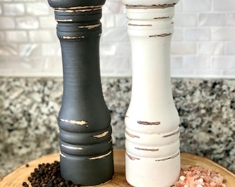 Farmhouse Rustic Distressed 8” Salt Shaker & Pepper Mill Shakers Grinder white and black