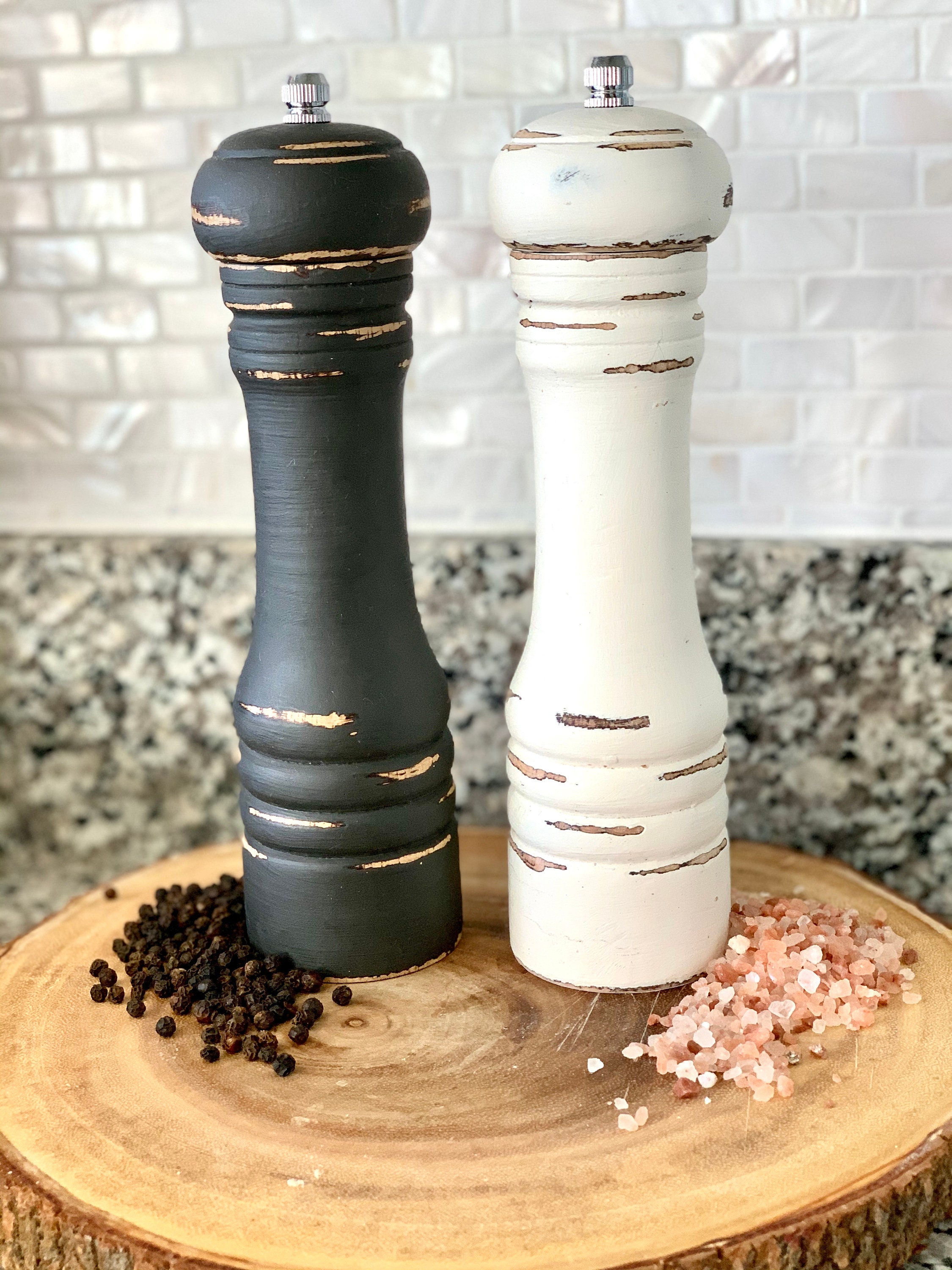 Farmhouse Rustic Distressed 8” Salt Shaker & Pepper Mill Shakers ...