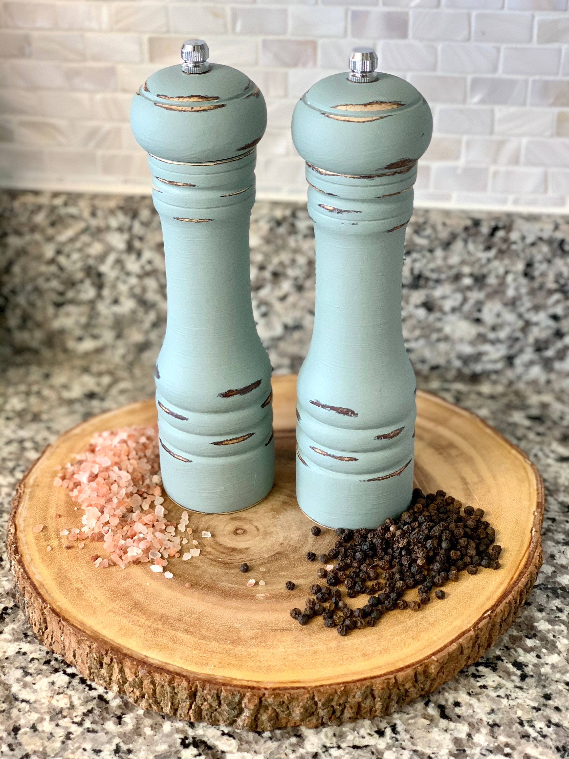 Farmhouse Rustic Distressed 8” Salt Shaker & Pepper Mill Shakers ...