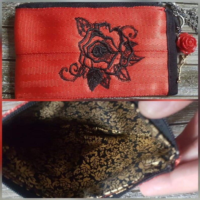 Handmade rose seatbelt webbing coin purse.