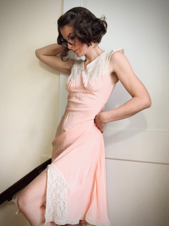 Vintage Bias Cut Rayon 1940s Peachy Pink Nightgown
