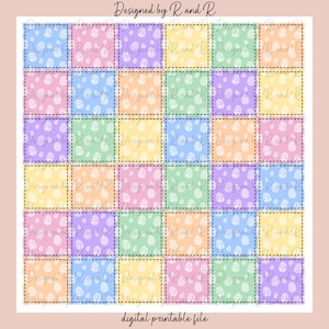 May include: A digital printable file with a pastel color scheme. The file features a grid of 25 squares, each with a different pattern of white polka dots on a pastel background. The colors include light pink, light blue, light green, and yellow. The text "Designed by Rand R" and "digital printable file" are included in the image.