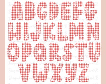 Pode incluir: Um alfabeto completo em um padrão xadrez vichy vermelho e branco, adornado com detalhes florais. As letras estão em um estilo arrojado e em bloco. A imagem inclui o texto "Designed by R and R" e "digital printable file".