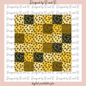 Op de afbeelding: Een digitaal printbaar bestand met een patchwork-quiltontwerp met een herhalend patroon van gele en zwarte vierkanten met zonnebloemmotieven. De tekst "Designed by Rand'R" verschijnt meerdere keren rond de rand van het ontwerp.