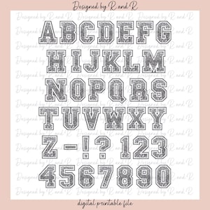 May include: A silver glitter alphabet and numbers with a varsity style font. The letters and numbers are outlined in black. The image includes the text "Designed by Rand R" and "digital printable file".