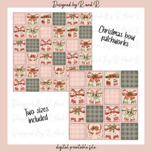 Könnte beinhalten: Digital druckbare Datei mit Weihnachts-Schleifen-Patchworks in zwei Größen. Das Design umfasst Quadrate mit roten, grünen und weißen Schleifen sowie graue Karquadrate, alles auf einem rosa Hintergrund. Der Text "Designed by R and R" steht oben.